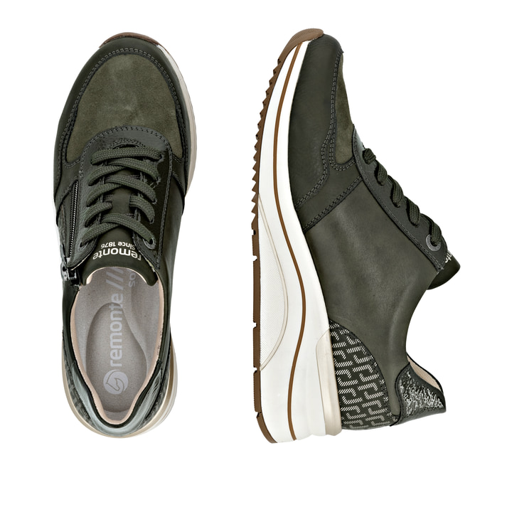 Grüne remonte Damen Sneaker D0T16-54 mit einem Reißverschluss sowie Extraweite H. Schuh von oben, liegend.