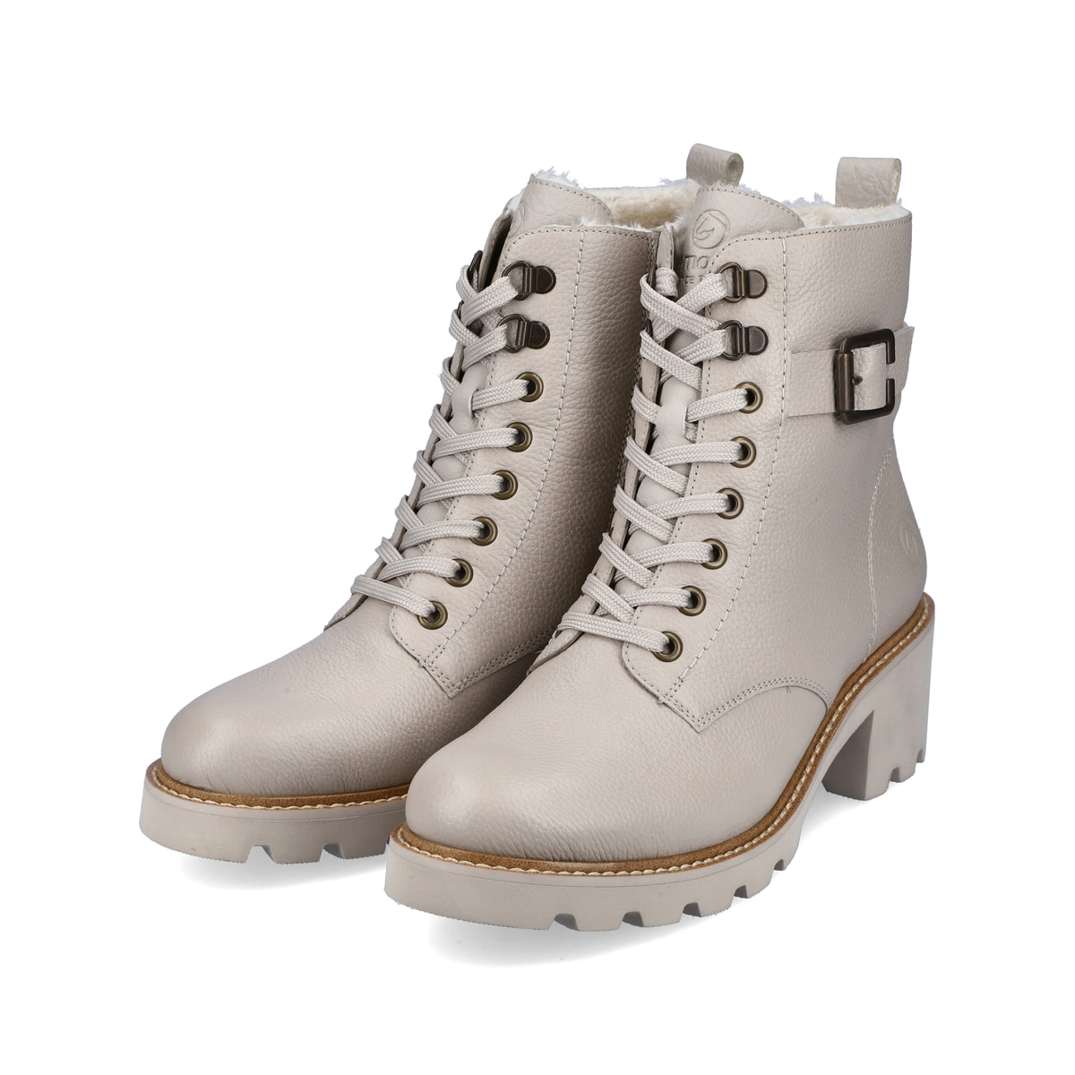 Hellbeige remonte Damen Biker Boots D0A74-60 mit Schnürung und Reißverschluss. Schuhpaar schräg.