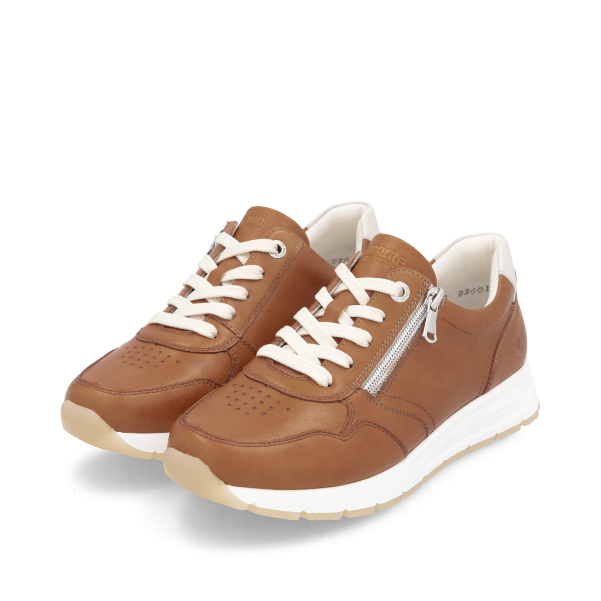 Braune remonte Damen Sneaker Low D2G01-20 mit einem Reißverschluss. Schuhpaar seitlich schräg.