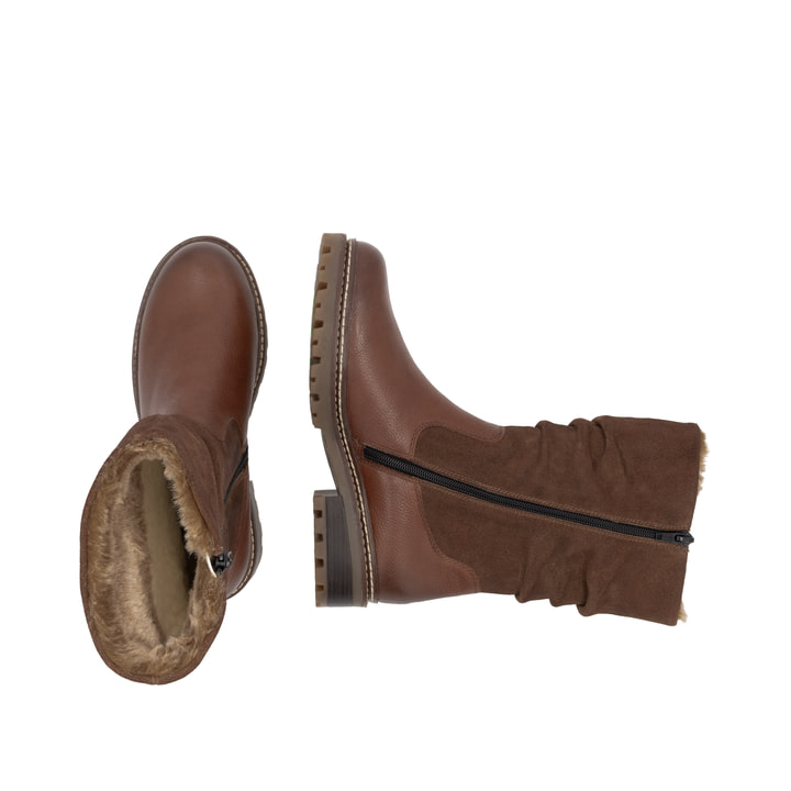 Braune remonte Hochschaftstiefel D0B80-24 mit wasserabweisender TEX-Membran. Schuh von oben, liegend.