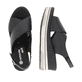 Nachtschwarze remonte Keilsandaletten D1P53-00 mit einem Klettverschluss. Schuh von oben, liegend.