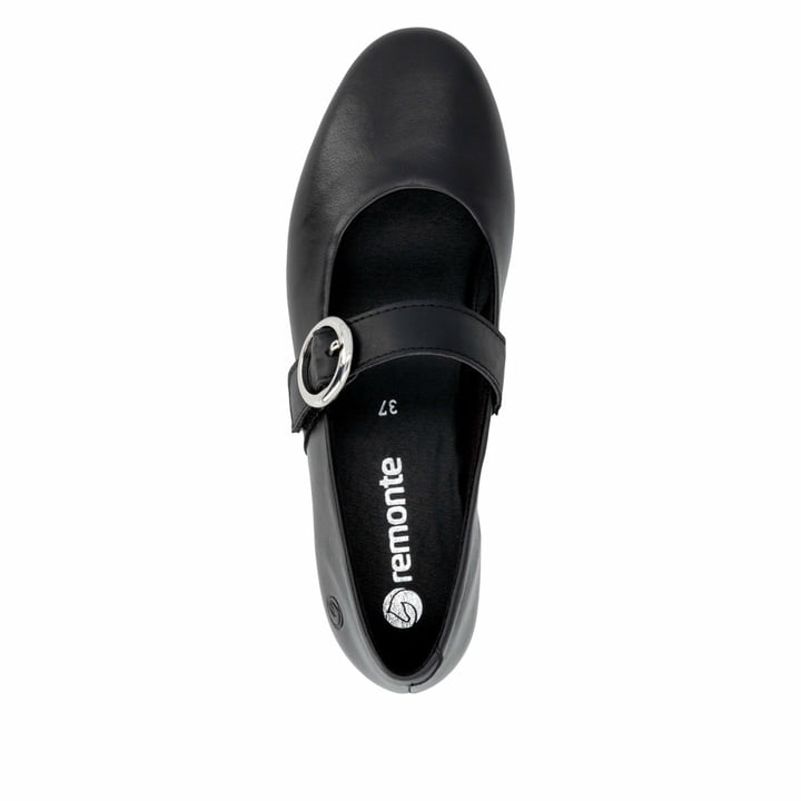 Schwarze remonte Ballerinas D0K14-00 mit einem Klettverschluss. Schuh von oben.