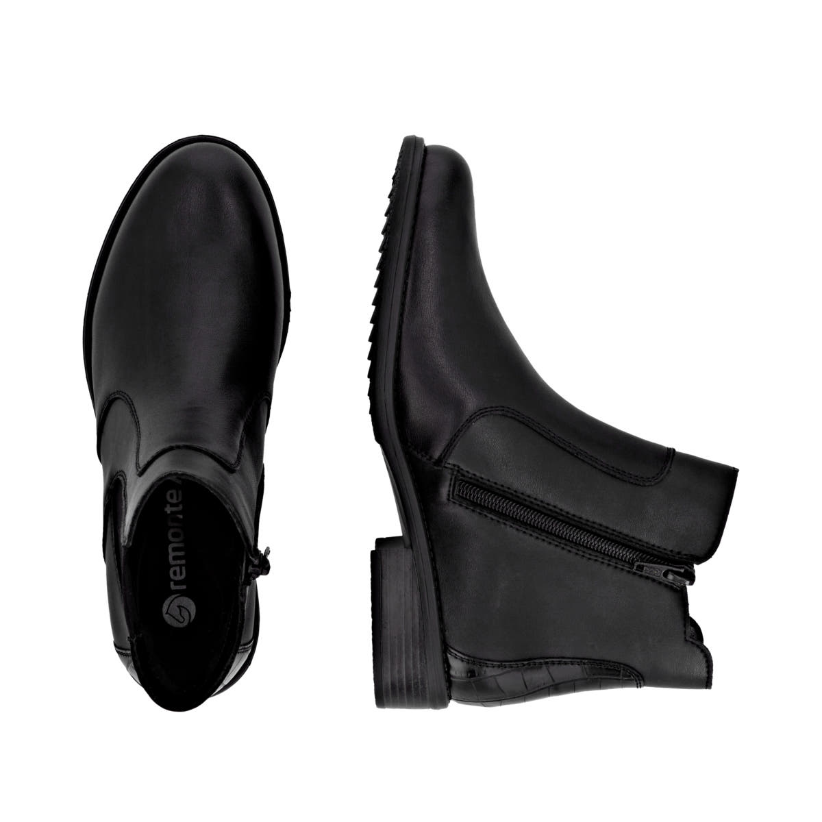 Schwarze remonte Chelsea Boots D0F70-00 mit einem Reißverschluss. Schuh von oben, liegend.