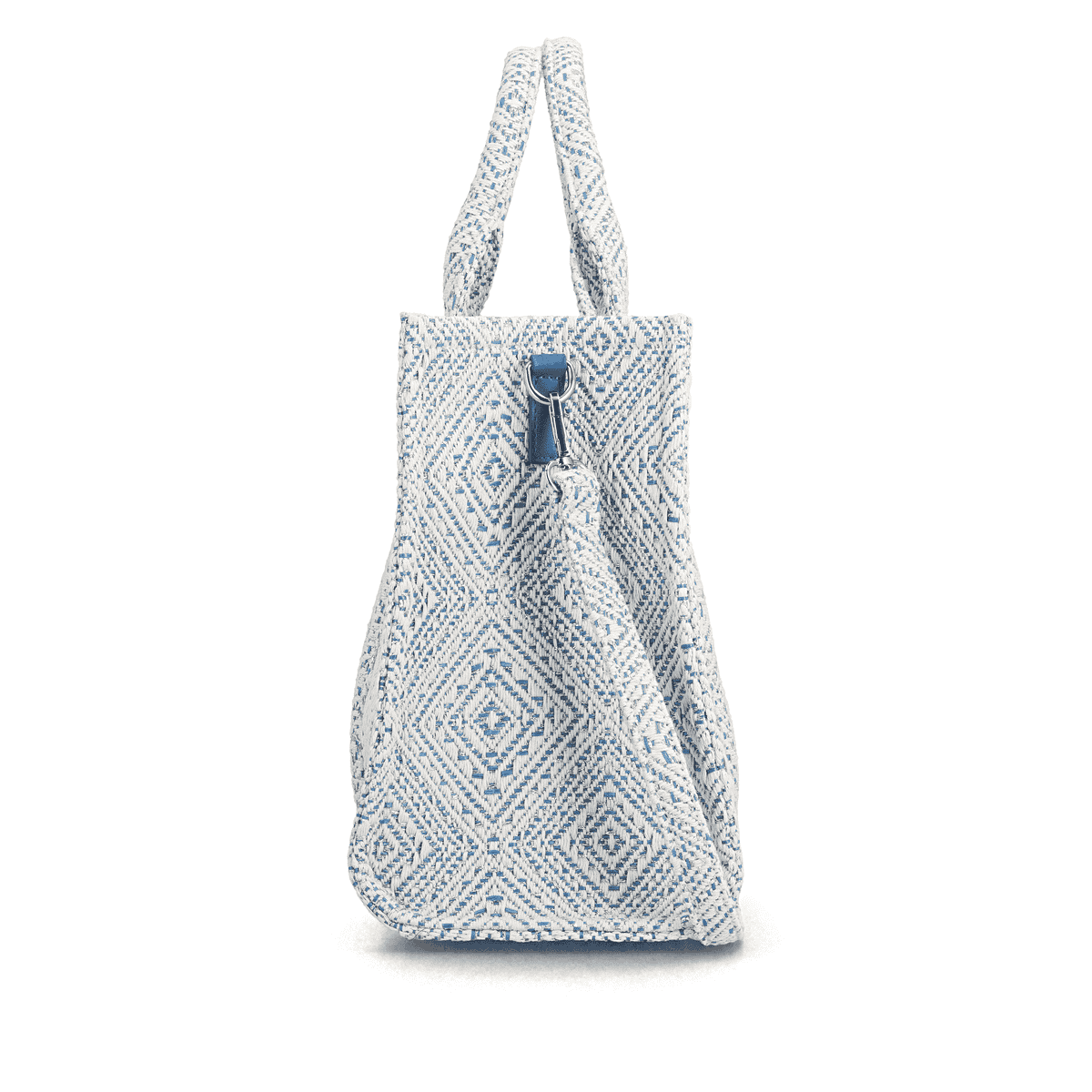 Sac à main remonte Q0766-12 bleu avec tissu tressé et fermeture éclair. Côté droit.