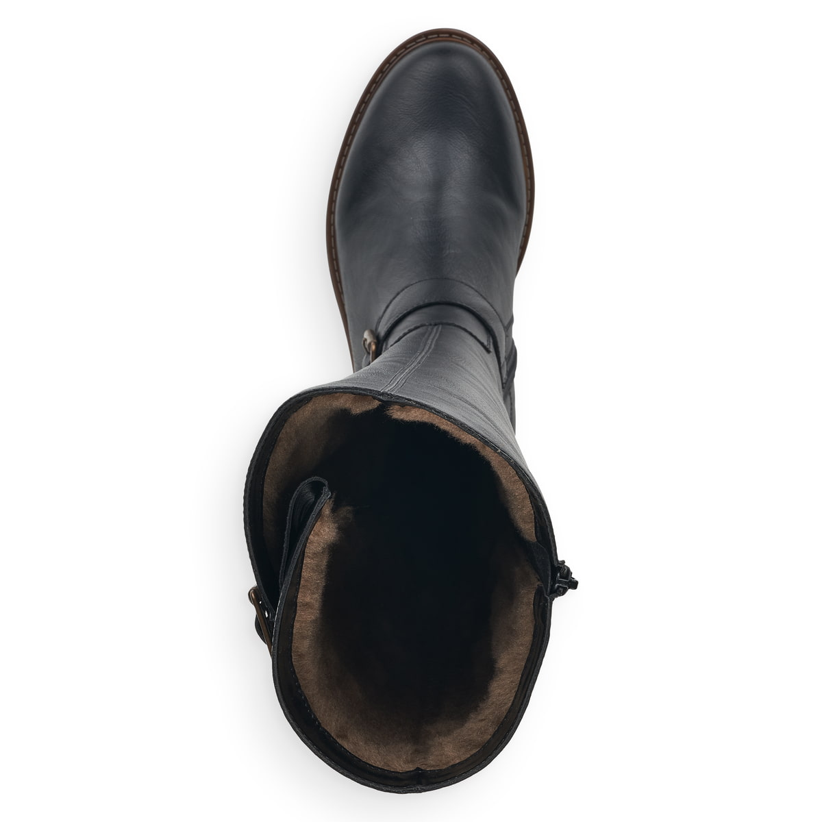 Schwarze remonte Hochschaftstiefel R6590-01 mit einem Reißverschluss. Schuh von oben.