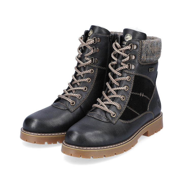 Graphitschwarze remonte Damen Schnürstiefel D9378-00 mit Flip-Grip Sohle. Schuhpaar seitlich schräg.