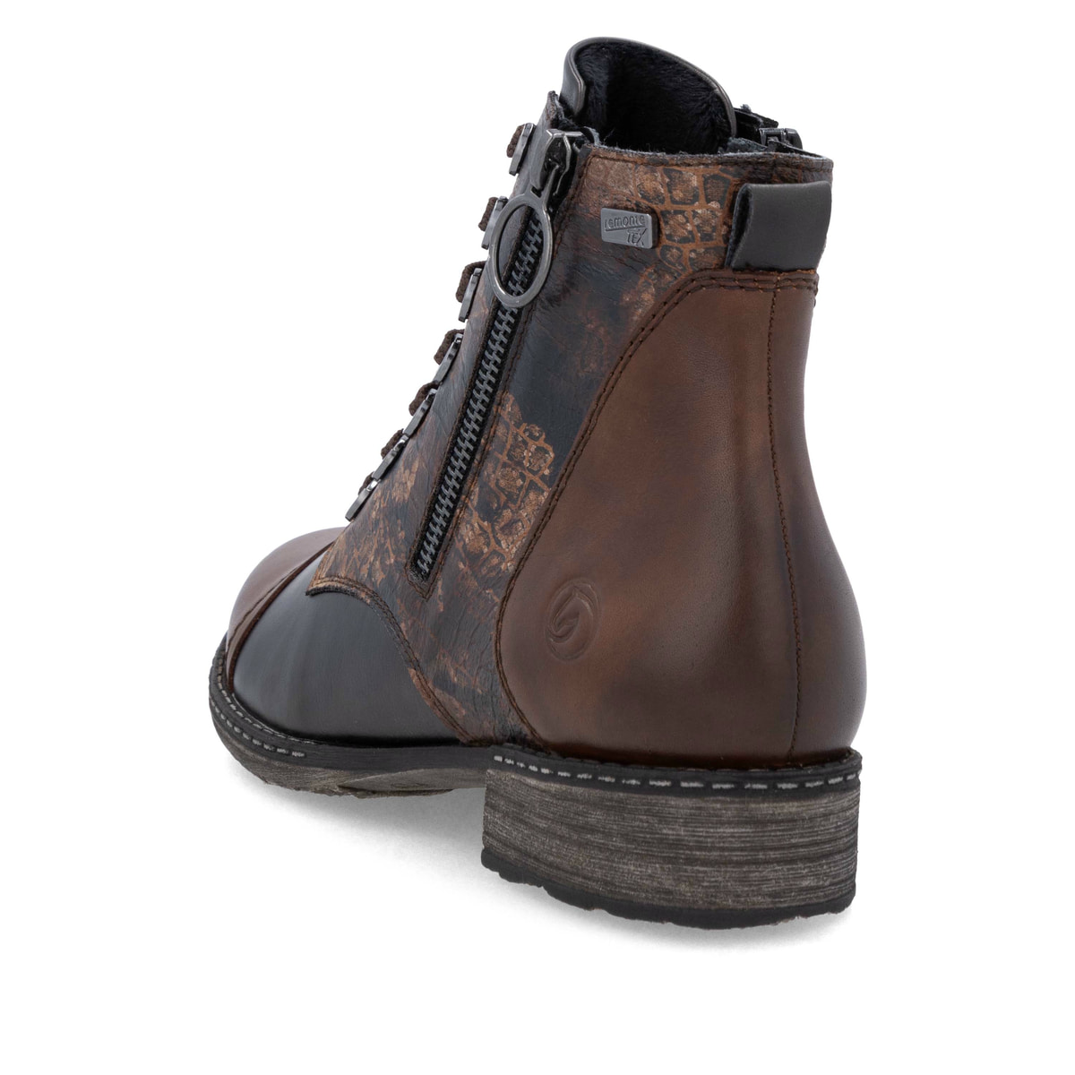 Braune remonte Damen Stiefeletten D4382-25 mit wasserabweisender TEX-Membran. Schuh von hinten.