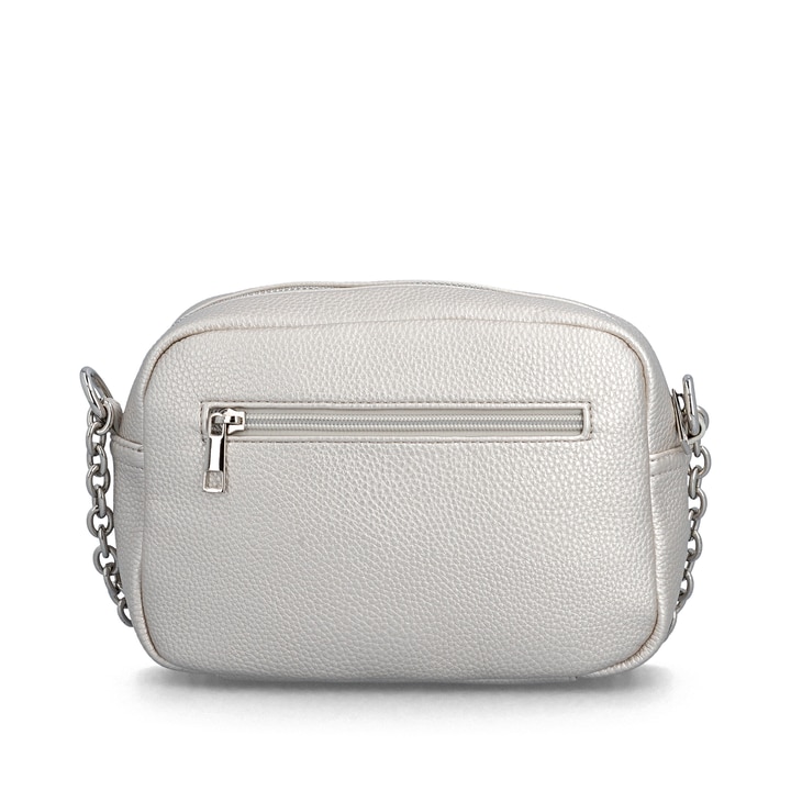 Sac à main remonte Q0667-90 gris avec détails de chaîne et fermeture éclair. Arrière.