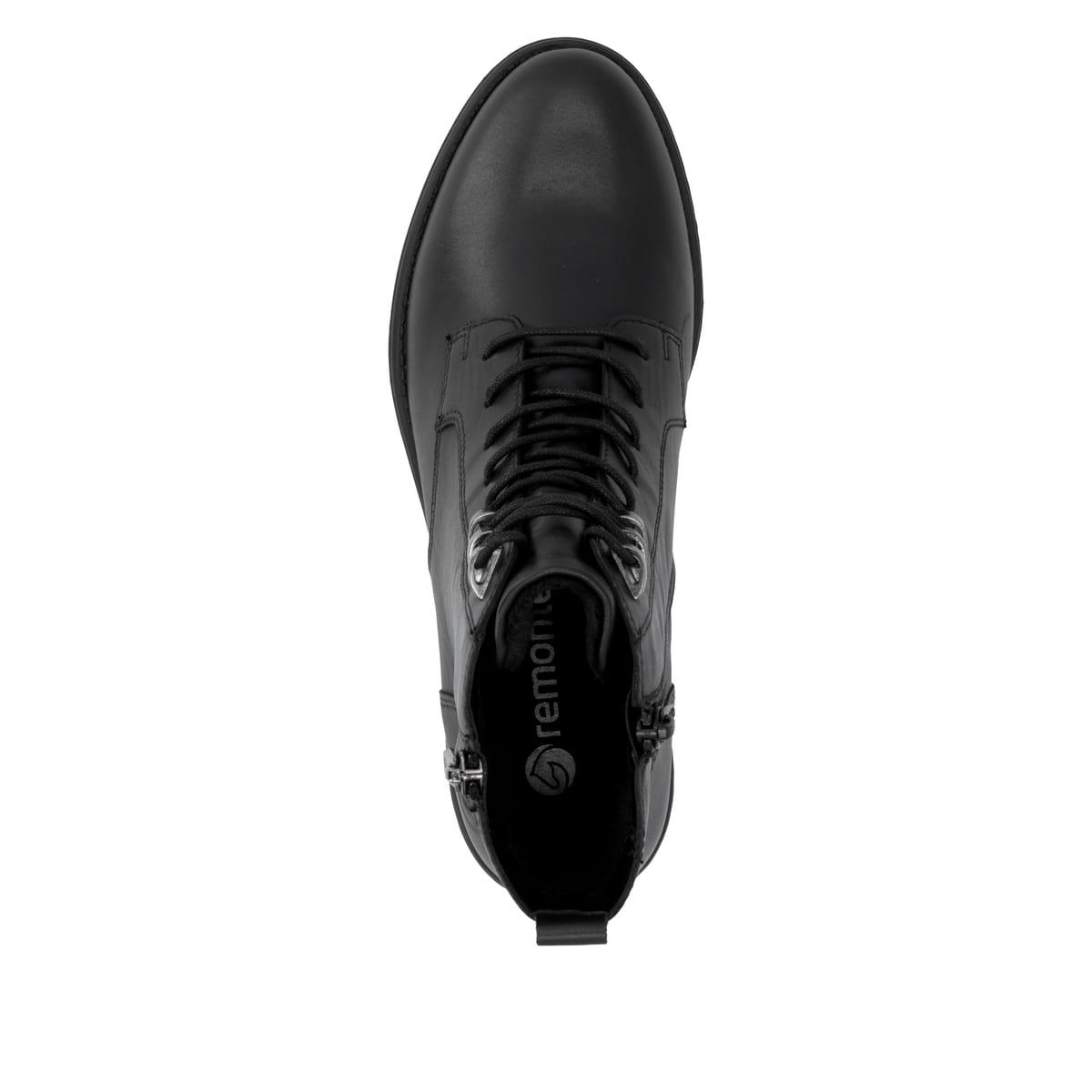 Schwarze remonte Damen Stiefeletten D0F82-00 mit einem Reißverschluss. Schuh von oben.