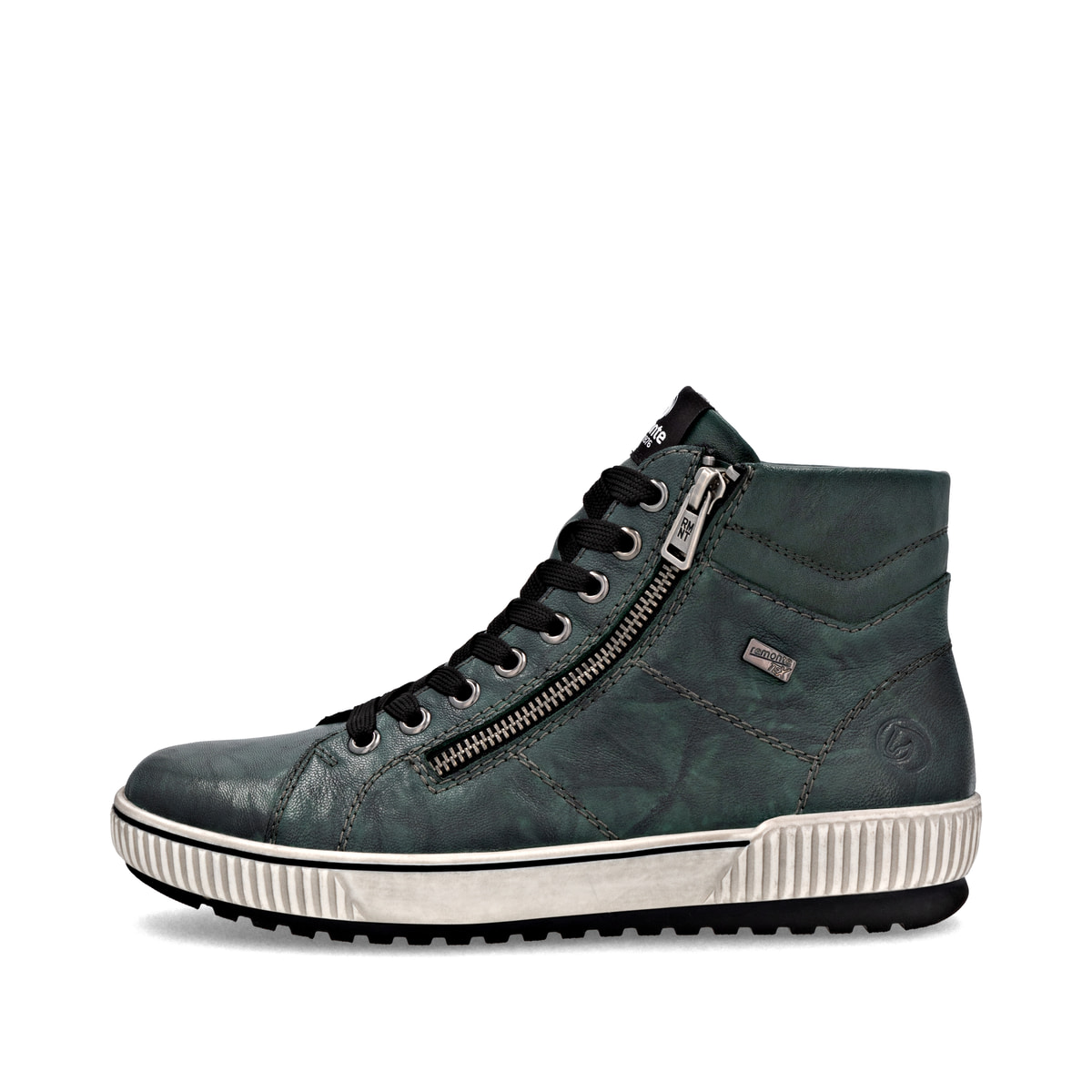Olivgrüne remonte Damen Schnürstiefel D0772-54 mit wasserabweisender TEX-Membran. Schuh Außenseite.