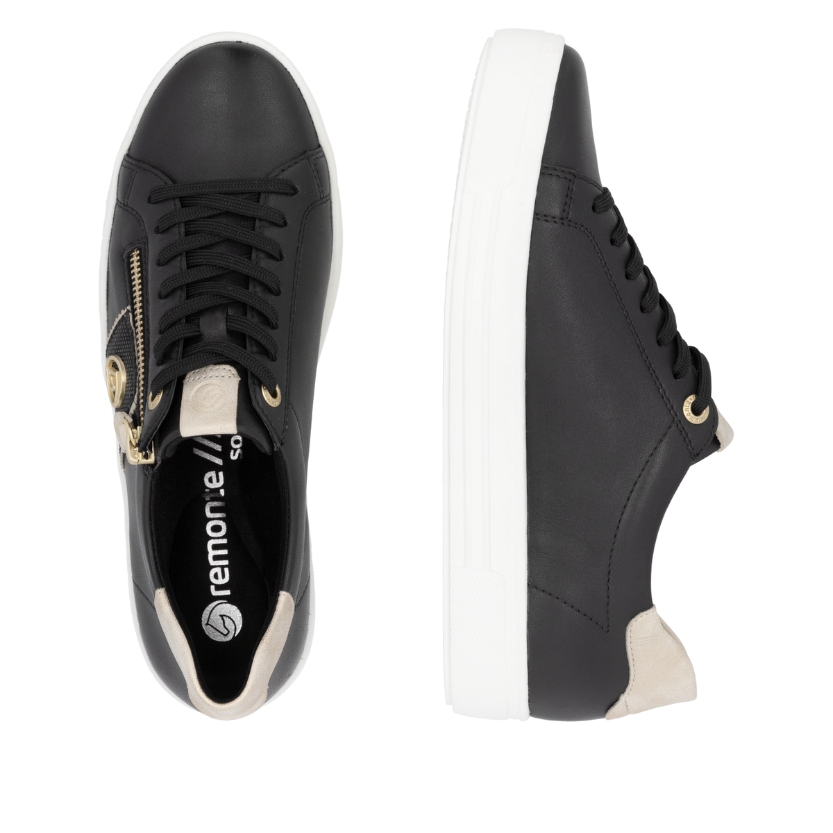 Schwarze remonte Damen Sneaker Low D0919-03 mit einem Reißverschluss. Schuh von oben, liegend.