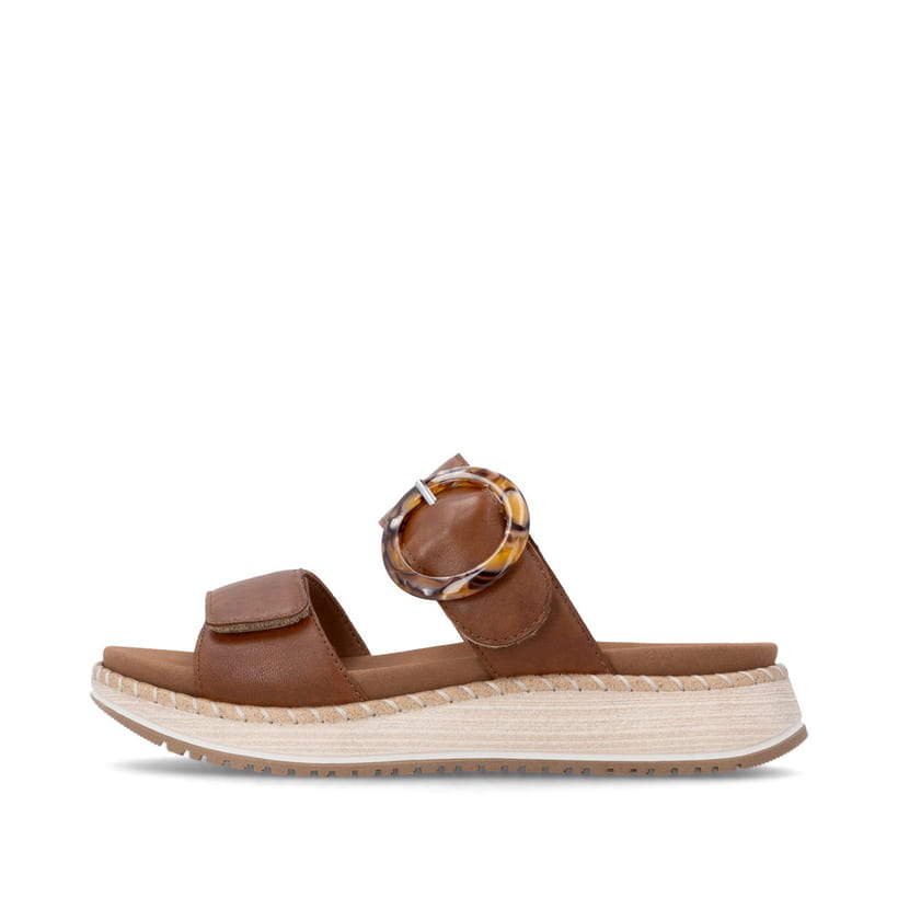 Braune remonte Damen Pantoletten D3J51-24 mit trendiger Schnalle. Schuh Außenseite.