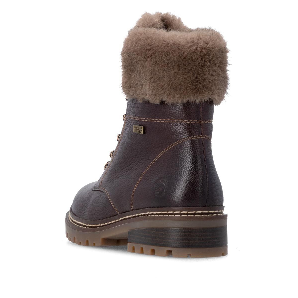 Dunkelbraune remonte Damen Schnürstiefel D0B74-25. Schuh von hinten.
