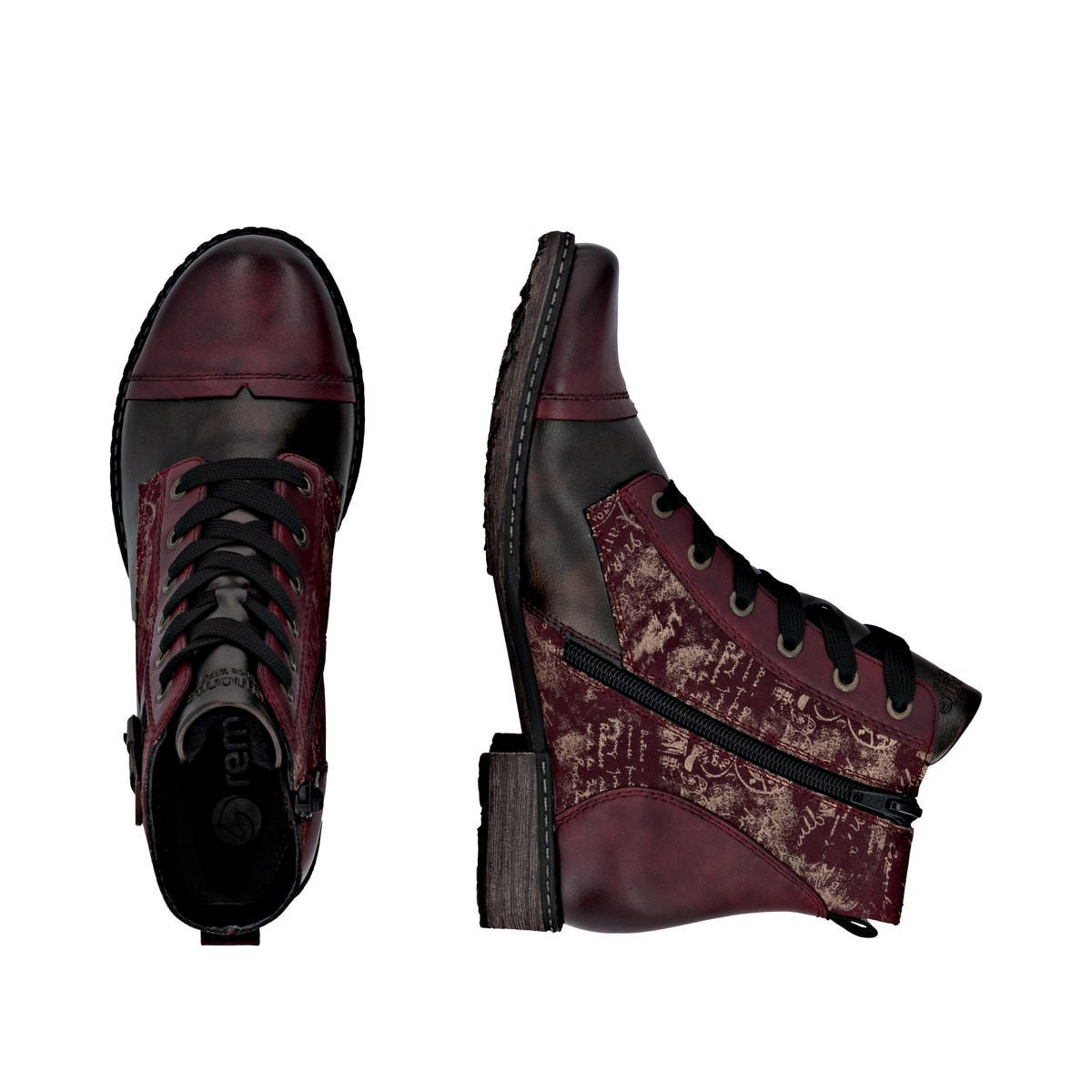 Bottes à lacets remonte rouges femmes D4381-35 avec membrane remonteTEX. Chaussure vue de dessus, couchée.