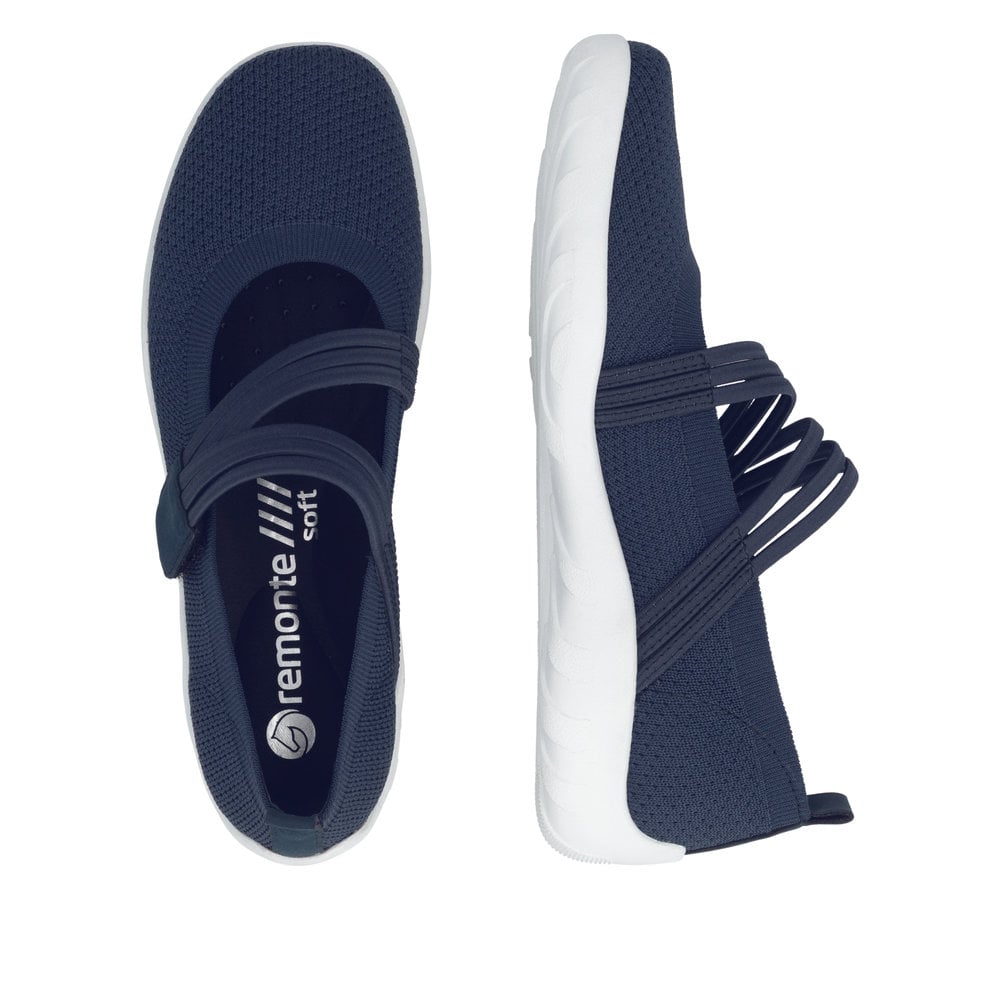 Blaue remonte Ballerinas R3519-14 mit einem Klettverschluss sowie Komfortweite G. Schuh von oben, liegend.