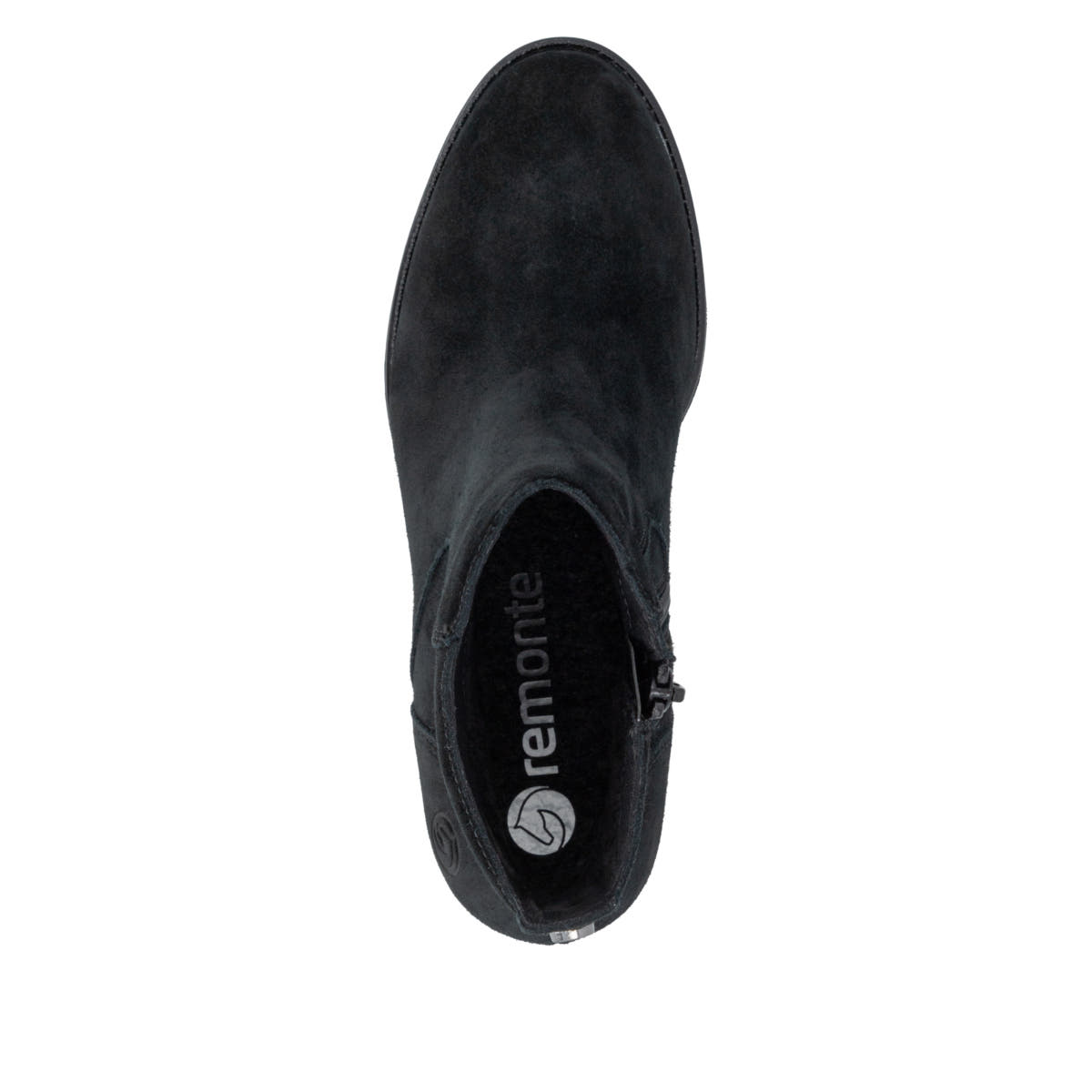Schwarze remonte Damen Stiefeletten D2A81-02 mit einem Reißverschluss. Schuh von oben.