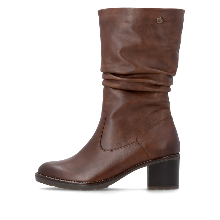 Braune remonte Damen Stiefeletten D2A79-22 mit gerafftem Schaft. Schuh Außenseite.