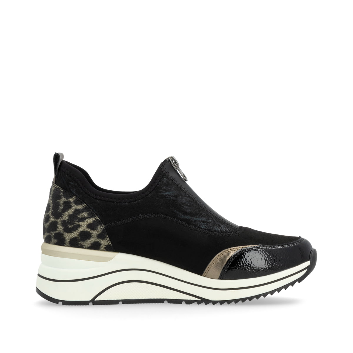 Nachtschwarze vegane remonte Damen Sneaker D0T08-02 mit Animal-Print. Schuh Innenseite.