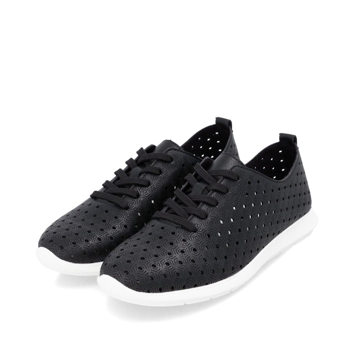 Schwarze remonte Damen Schnürschuhe R7101-00 mit der Komfortweite G. Schuhpaar seitlich schräg.