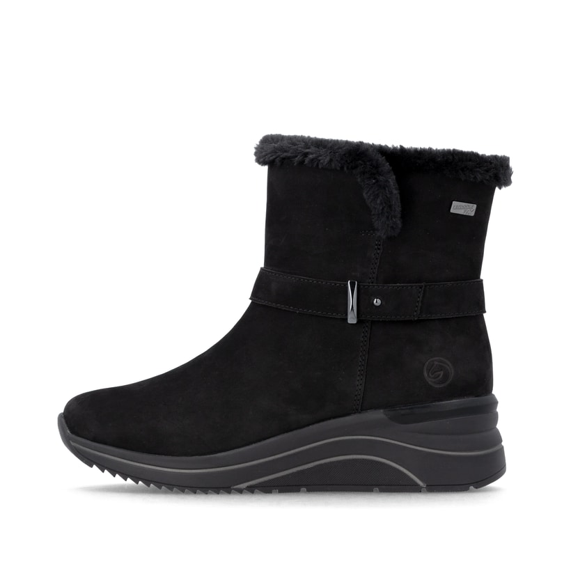 Schwarze remonte Damen Kurzstiefel D0T82-02 mit wasserabweisender TEX-Membran. Schuh Außenseite.