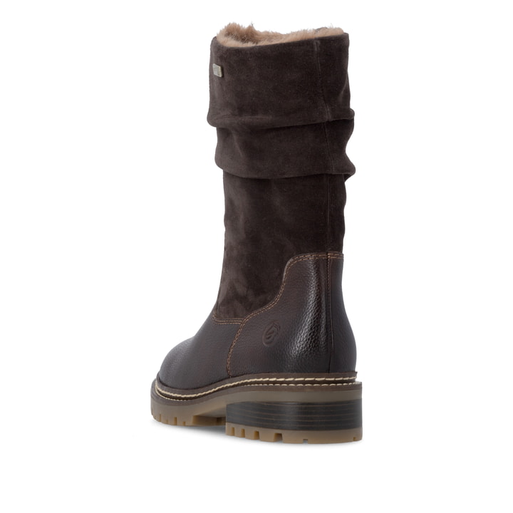 Dunkelbraune remonte Hochschaftstiefel D0B80-25. Schuh von hinten.