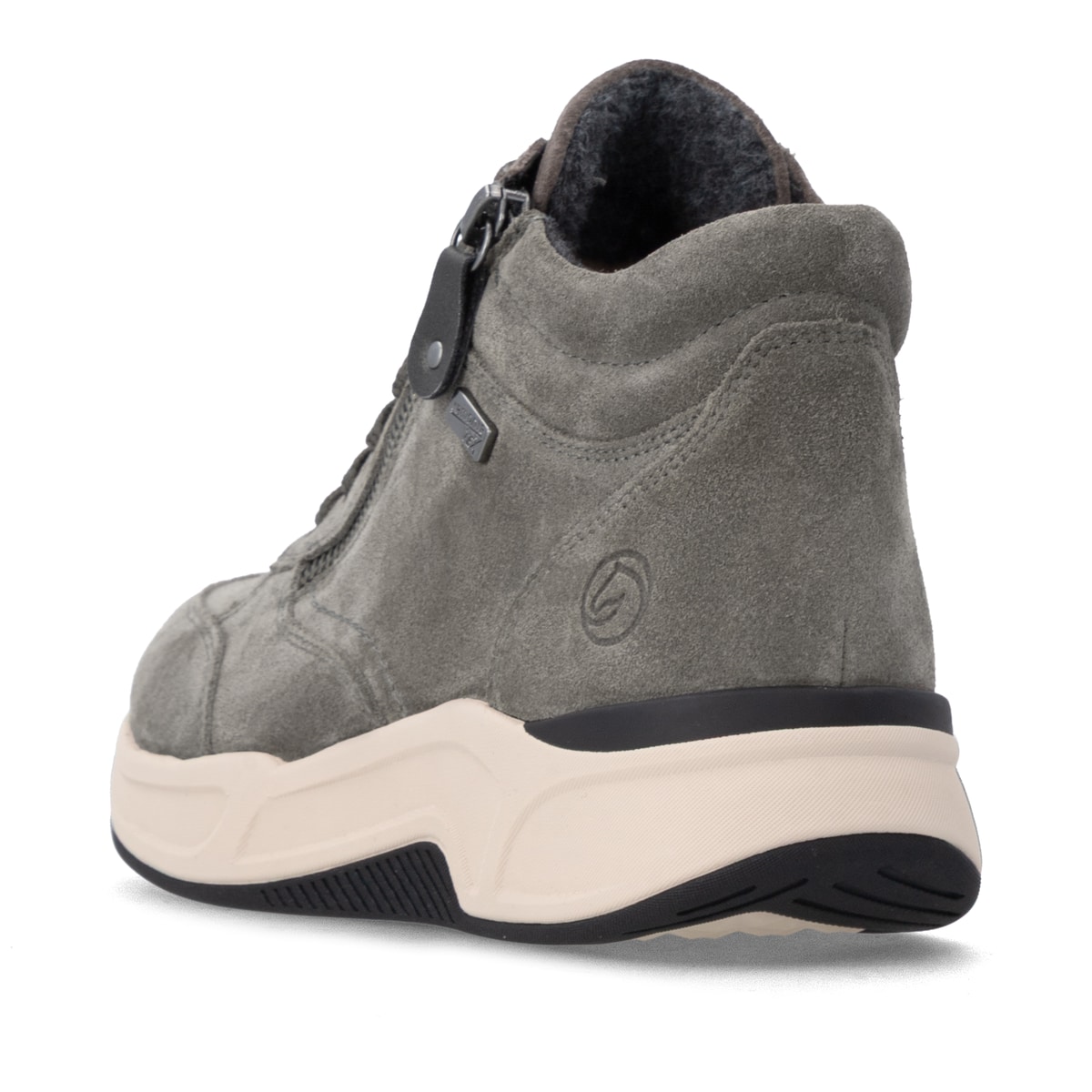 Graue remonte Damen Sneaker D3V71-45 mit wasserabweisender TEX-Membran. Schuh von hinten.