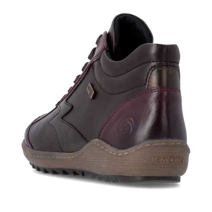 Bordeaux-dunkelbraune remonte Damen Schnürstiefel R1454-27. Schuh von hinten.
