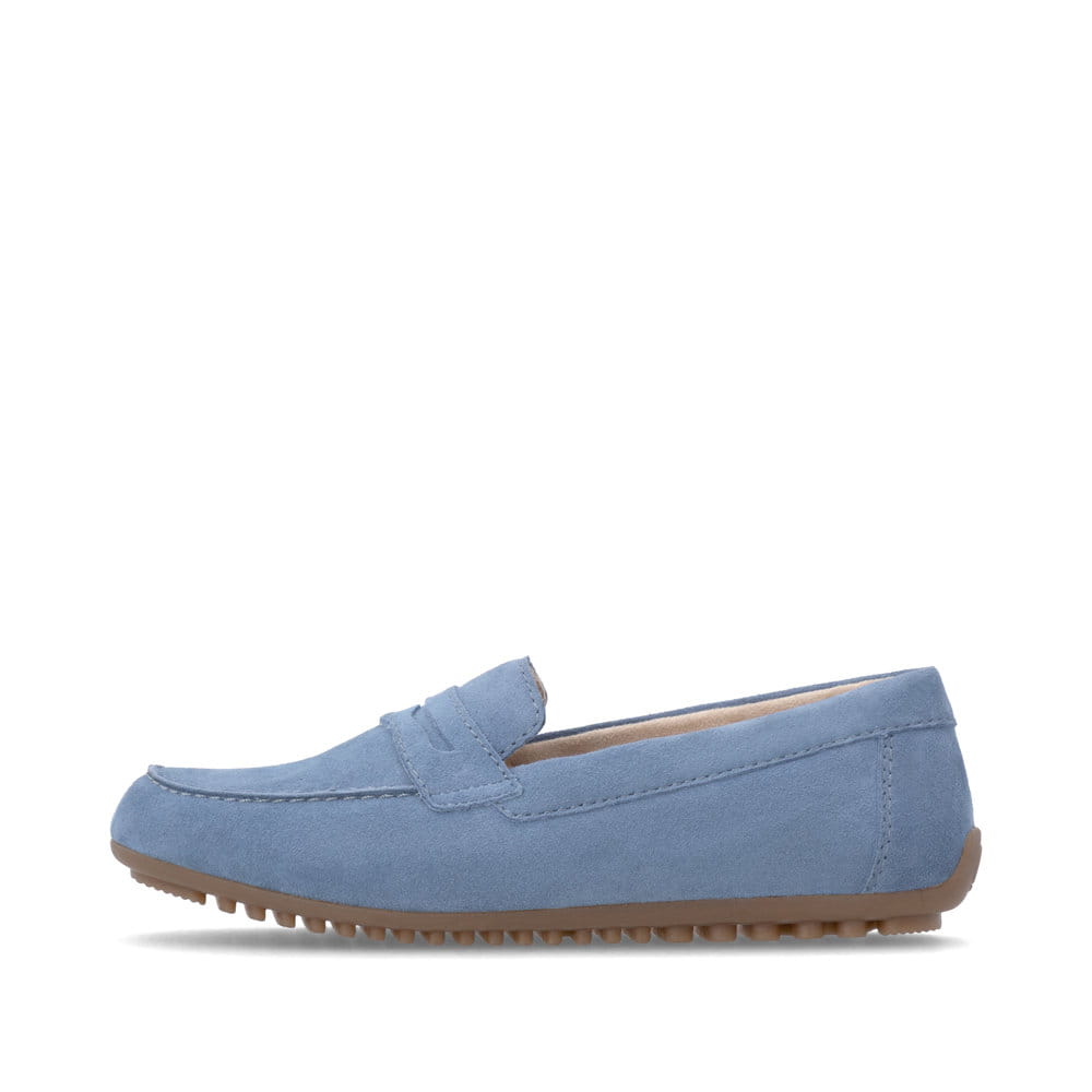 Blaue remonte Damen Loafer D3K00-14 mit einer herausnehmbaren Einlegesohle. Schuh Außenseite.