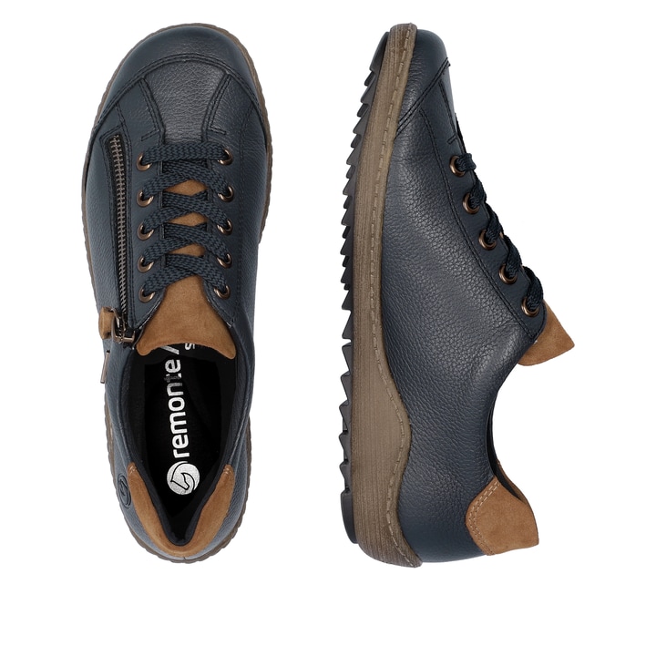 Dunkelblau-braune remonte Damen Schnürschuhe R1402-16. Schuh von oben, liegend.