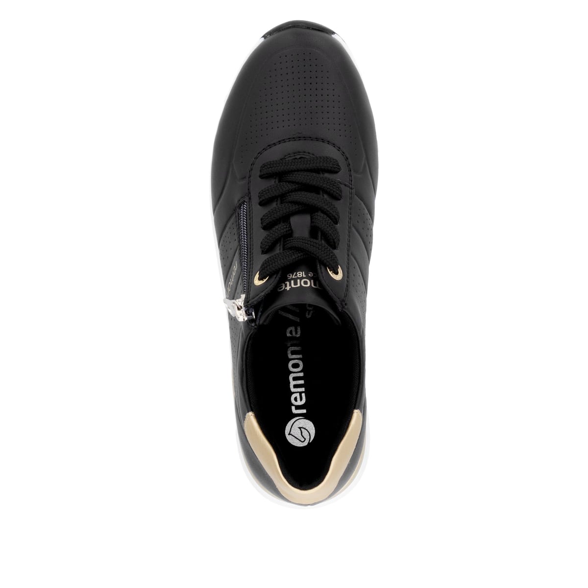 Schwarze remonte Damen Sneaker Low D2H01-03 mit einem Reißverschluss. Schuh von oben.