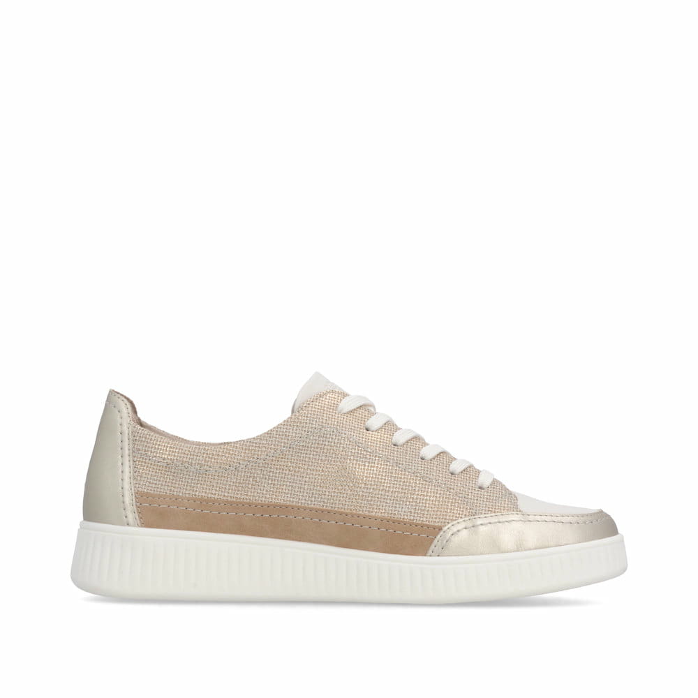 Beige vegane remonte Damen Sneaker D2E06-60 mit einem Reißverschluss. Schuh Innenseite.