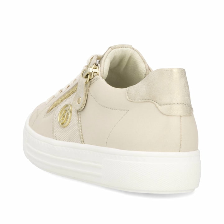 Beige remonte Damen Sneaker Low D0919-60 mit Reißverschluss sowie Komfortweite G. Schuh von hinten.