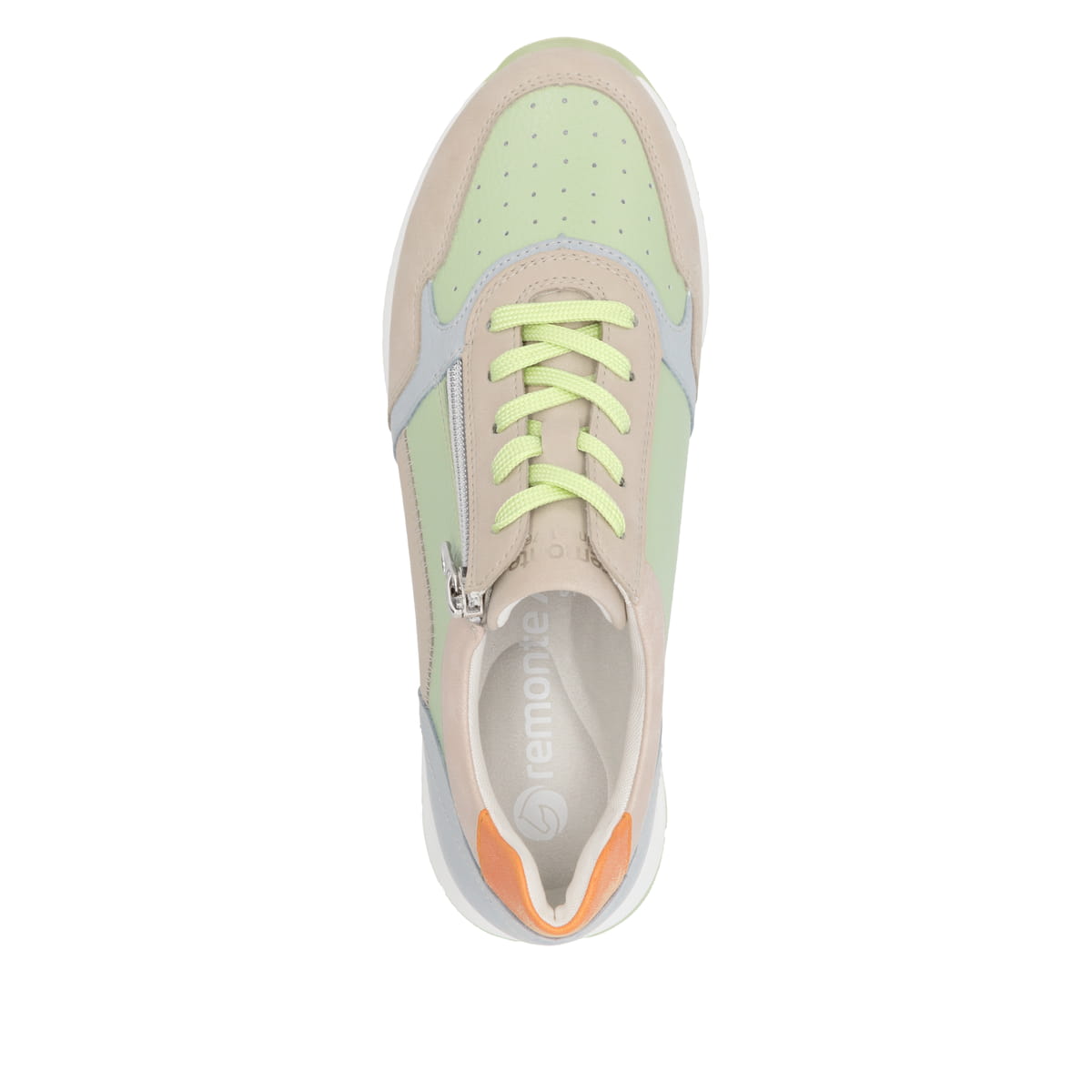 Grüne remonte Damen Sneaker Low D2G00-52 mit Reißverschluss sowie Komfortweite G. Schuh von oben.