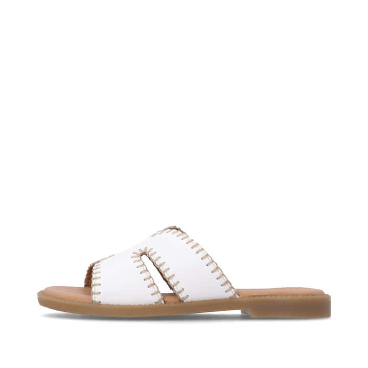 Weiße remonte Damen Pantoletten D3645-80 mit handgestickten Nähten. Schuh Außenseite.
