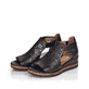 
Asphaltschwarze remonte Damen Keilsandaletten D3056-01 mit einer dämpfenden Sohle. Schuhpaar schräg.