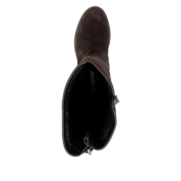 Dunkelbraune remonte Hochschaftstiefel R6581-25. Schuh von oben.