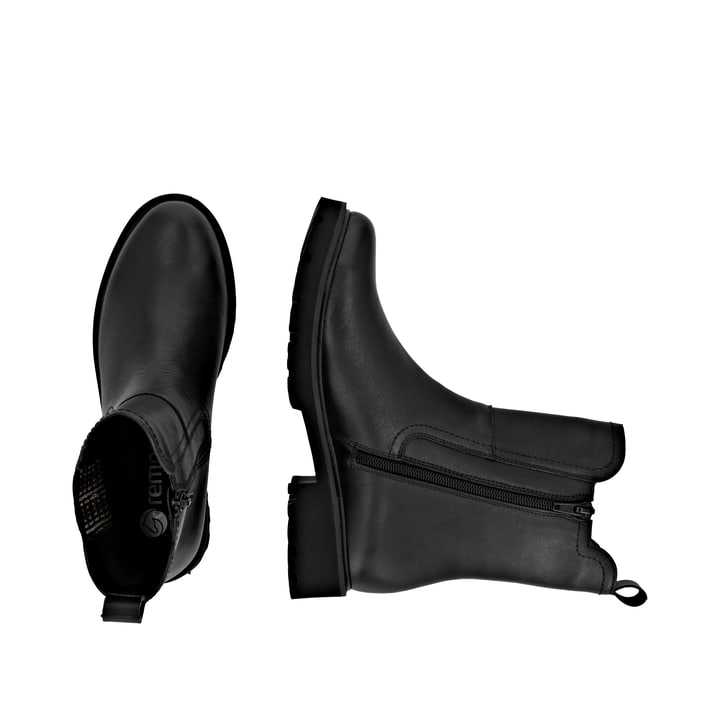 Schwarze remonte Chelsea Boots D8694-03 mit Reißverschluss sowie Komfortweite G. Schuh von oben, liegend.