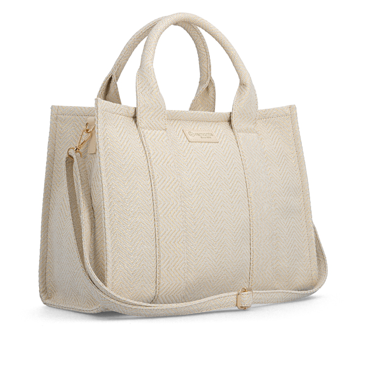 Sac à main remonte Q0766-90 beige avec tissu tressé et fermeture éclair. Côté gauche.