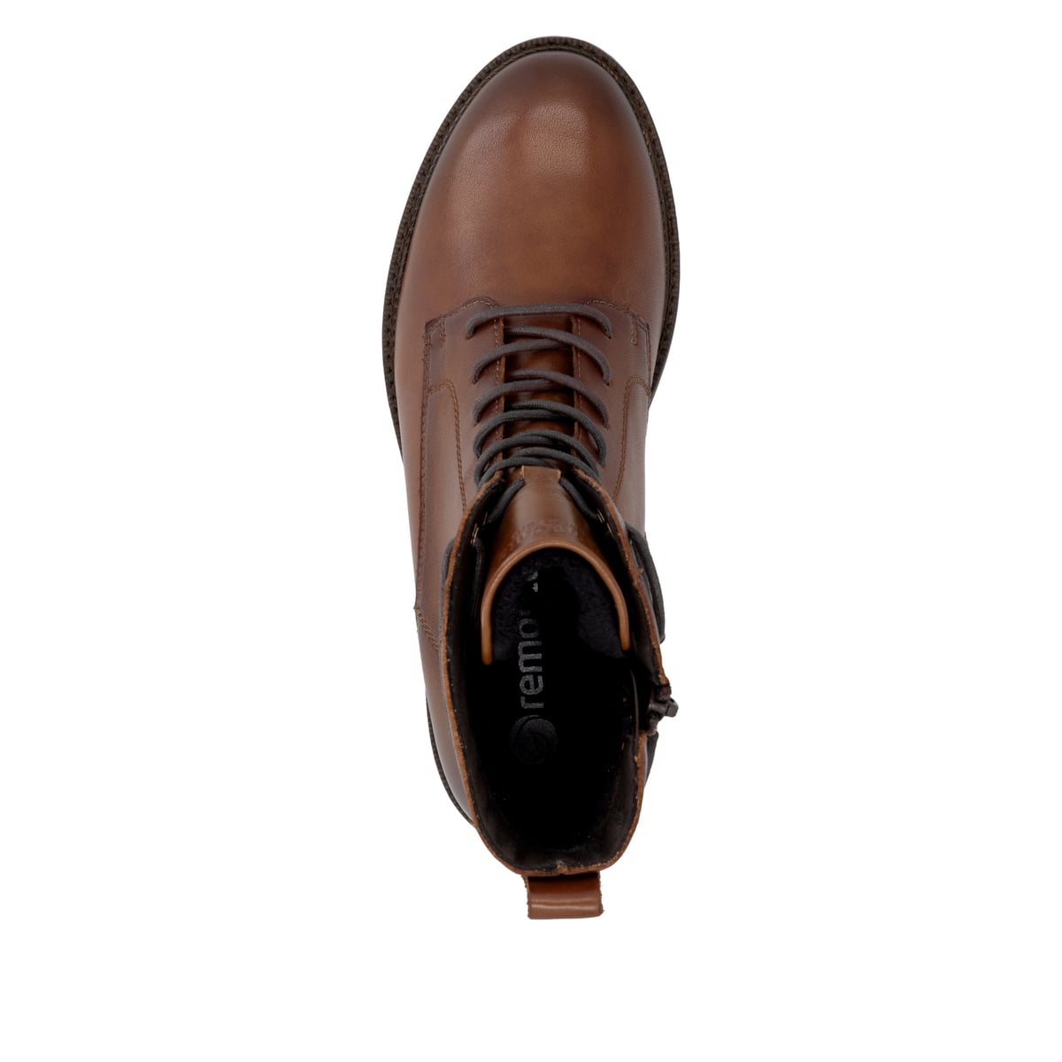 Braune remonte Damen Schnürstiefel D2W80-24 mit einem Reißverschluss. Schuh von oben.