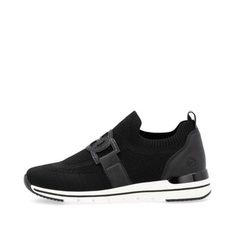 Schwarze remonte Damen Slipper R6713-00 mit einem Gummizug sowie Komfortweite G. Schuh Außenseite.