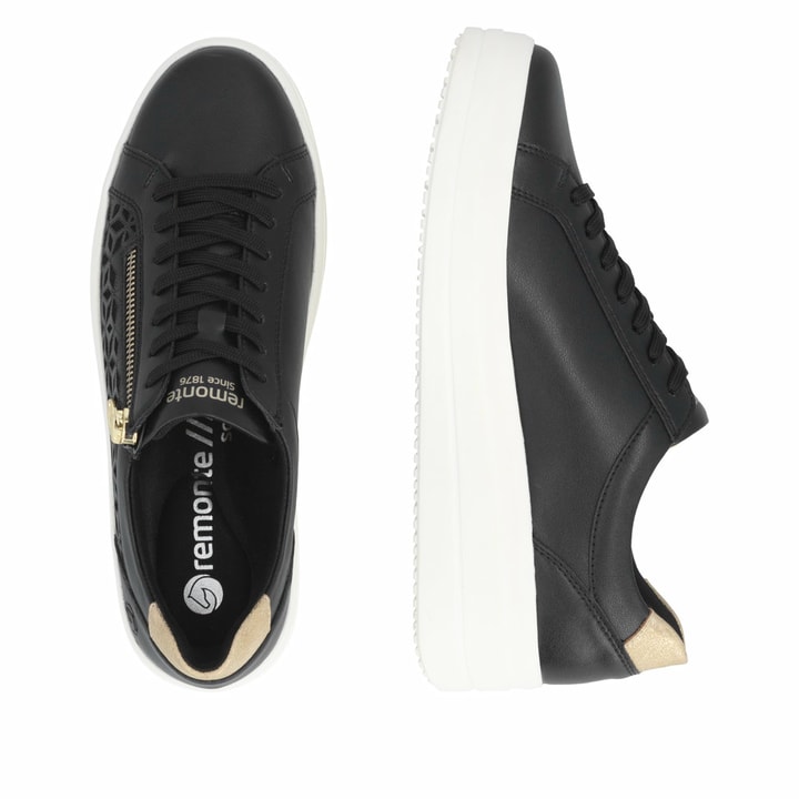 Baskets basses remonte noires pour femme D1C11-03 avec fermeture éclair. Chaussure vue de dessus, couchée.