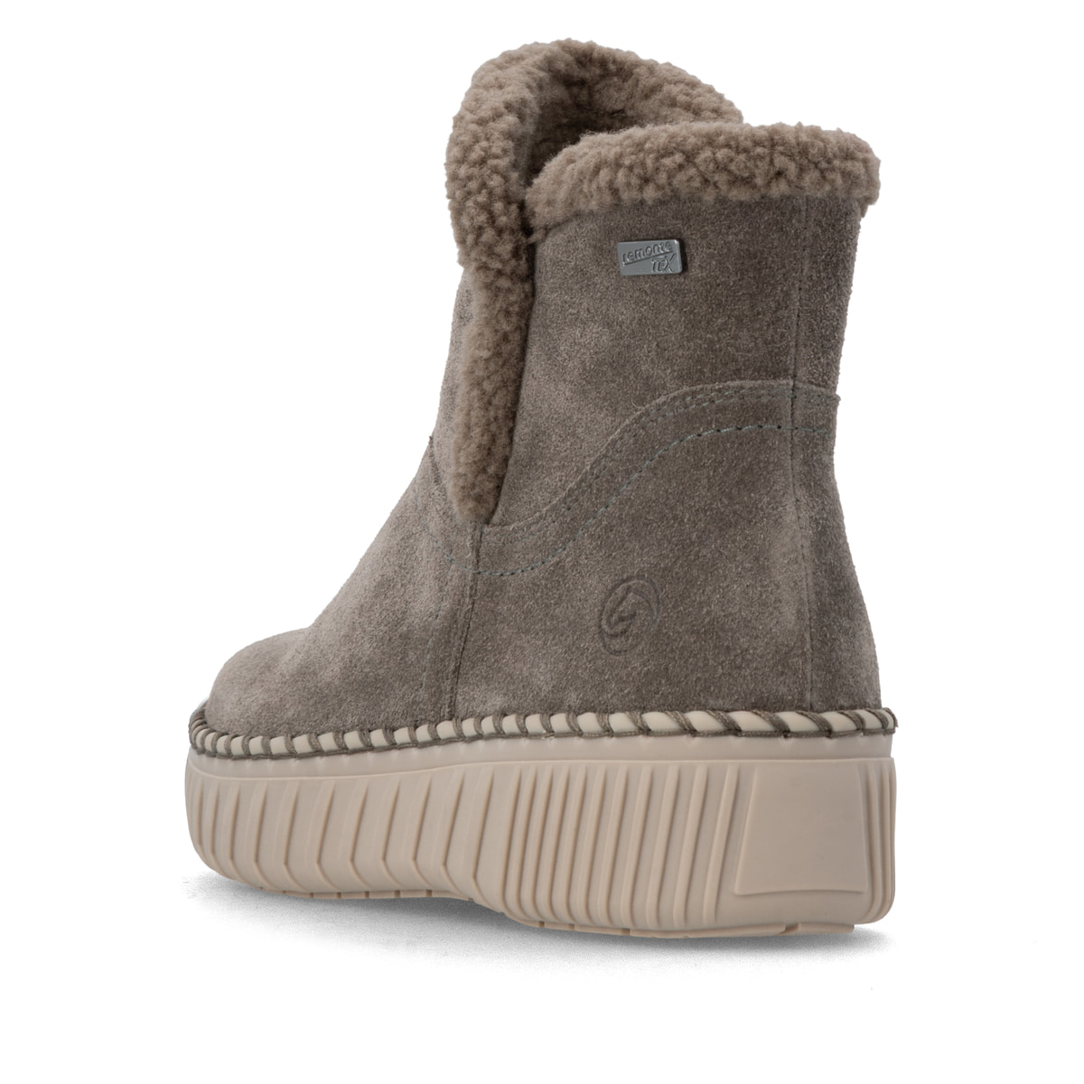 Graue remonte Damen Kurzstiefel D4A73-45 mit wasserabweisender TEX-Membran. Schuh von hinten.