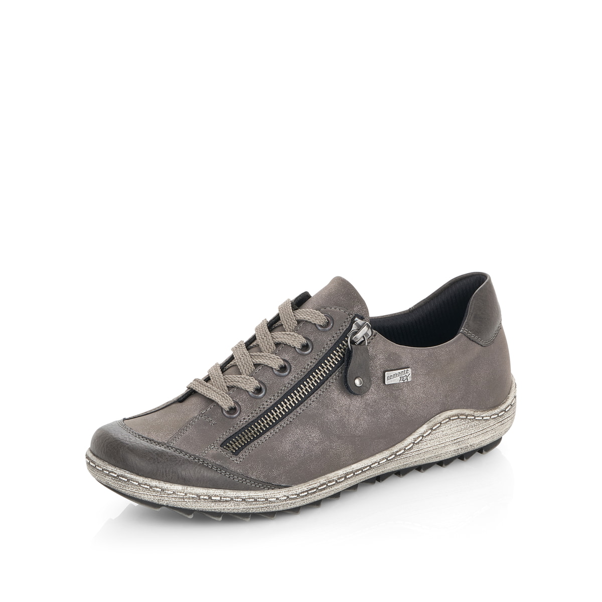 Graue remonte Damen Schnürschuhe R1402-44 mit wasserabweisender TEX-Membran. Schuh seitlich schräg.