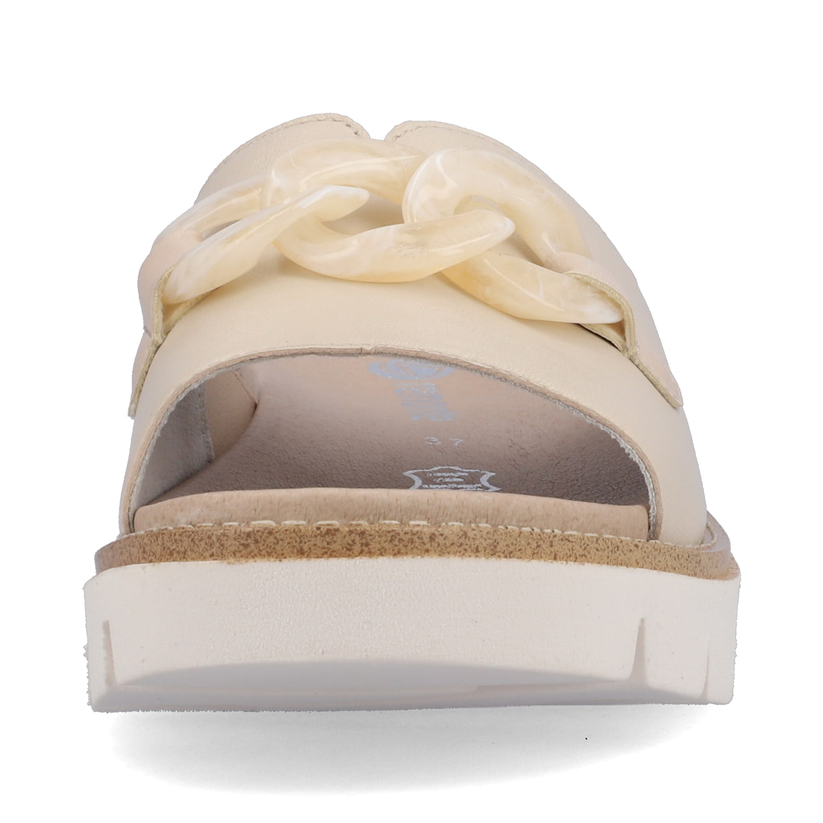 Beige remonte Damen Pantoletten D7952-60 mit Kettenelement. Schuh von vorne.