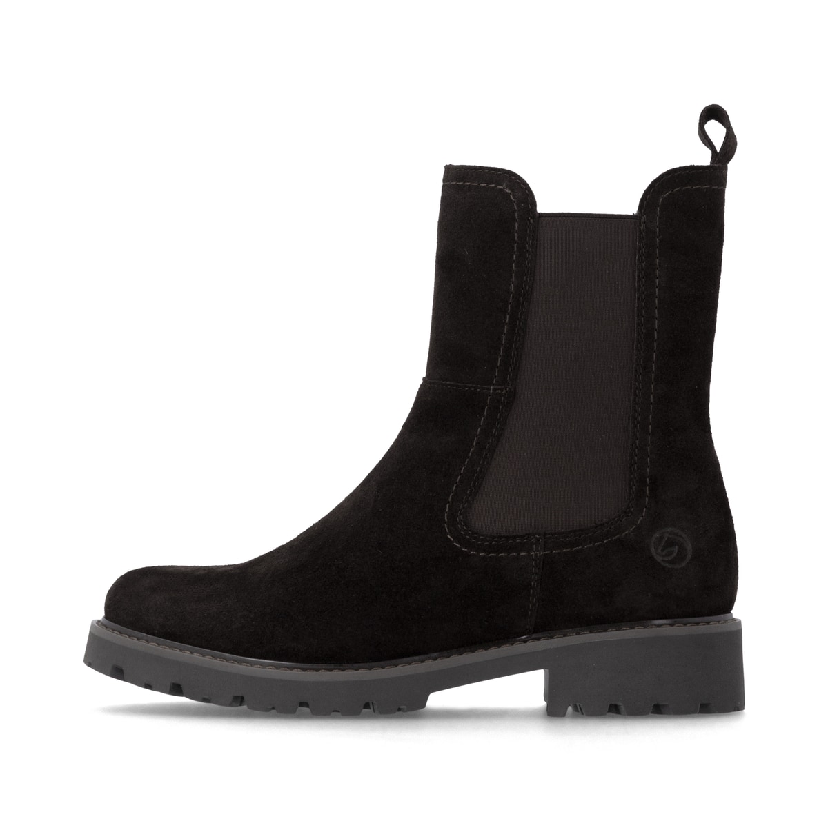 Dunkelbraune remonte Chelsea Boots D8694-26 mit einem Reißverschluss. Schuh Außenseite.