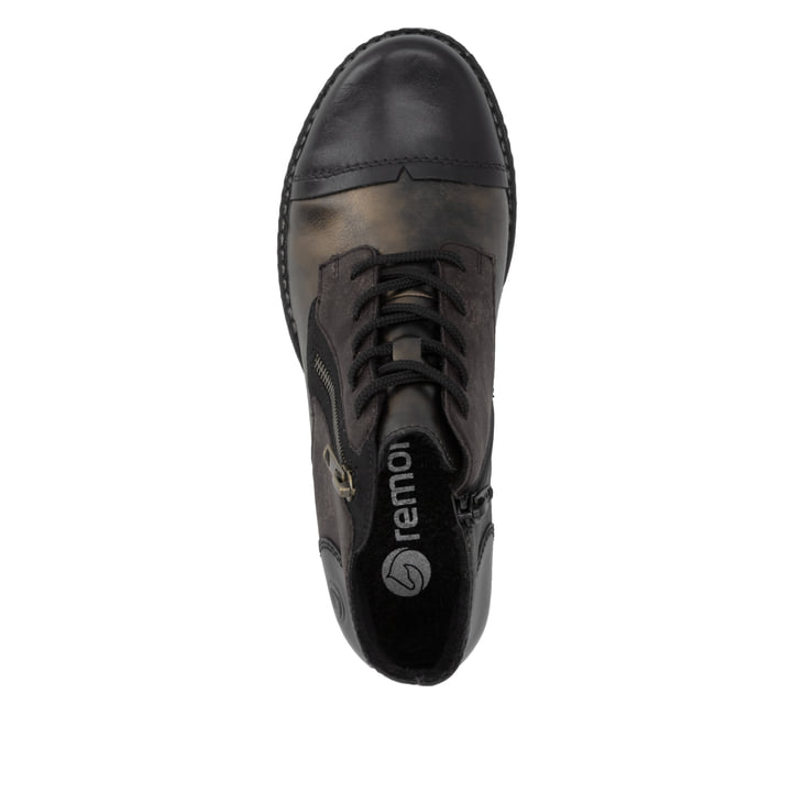 Bronze-dunkelbraune remonte Damen Schnürstiefel D4378-91 mit auffälligem Muster. Schuh von oben.