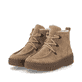 Camelfarbene remonte Damen Schnürstiefel D4A72-20 mit Mokassin-Optik. Schuhpaar seitlich schräg.
