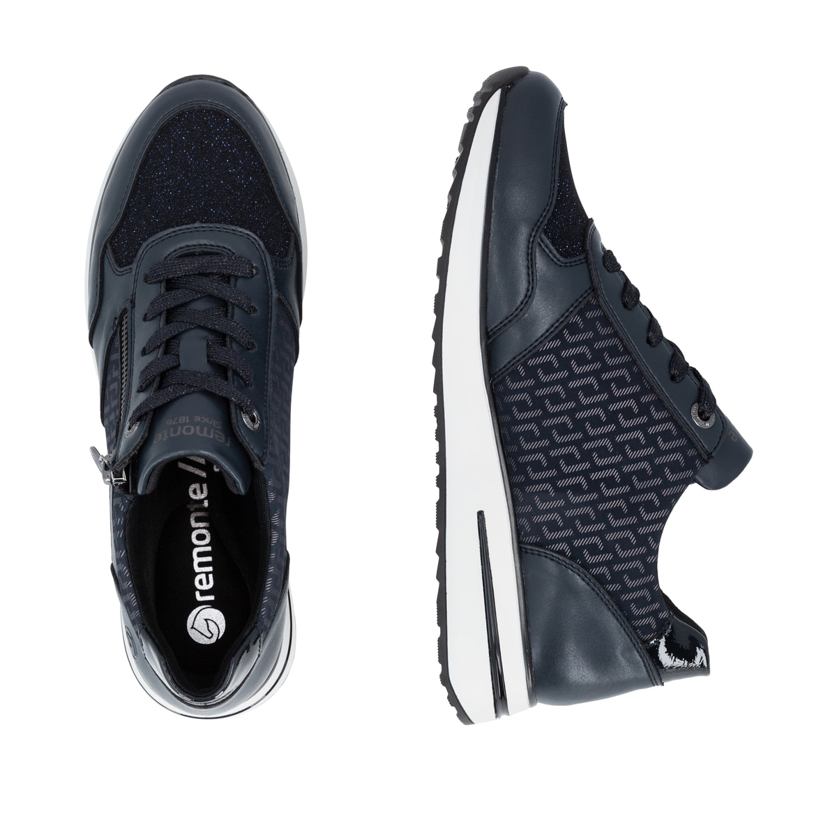 Vegane, dunkelblau-schwarze remonte Damen Sneaker D1G08-14 mit Reißverschluss. Schuh von oben, liegend.