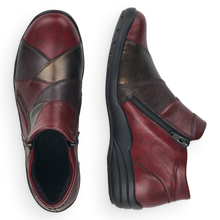 Bottines remonte rouges pour femmes R7674-36 avec fermeture éclair. Chaussure vue de dessus, couchée.