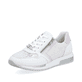 Reinweiße vegane remonte Damen Sneaker D0H12-80 mit einem Reißverschluss. Schuh seitlich schräg.